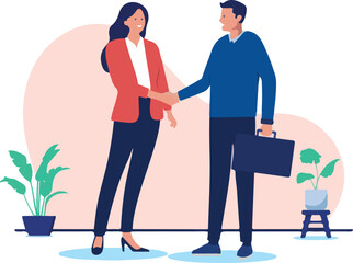 Business deal handshake - Two businesspeople, man and woman shaking hands friendly, smiling and coming to an agreement together at work. Flat design vector illustration with white background