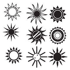 Fototapeta premium A collection of sun, moon, and star icons in black and white, representing celestial bodies isolated on white background