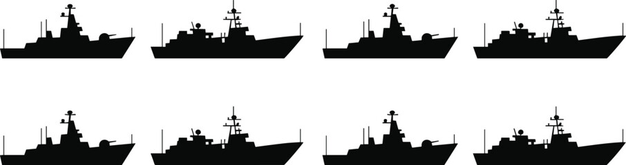 Warship silhouette vector illustration, modern naval battleships side view icons, military marine vessels set, navy combat ships graphic, defense fleet equipment design