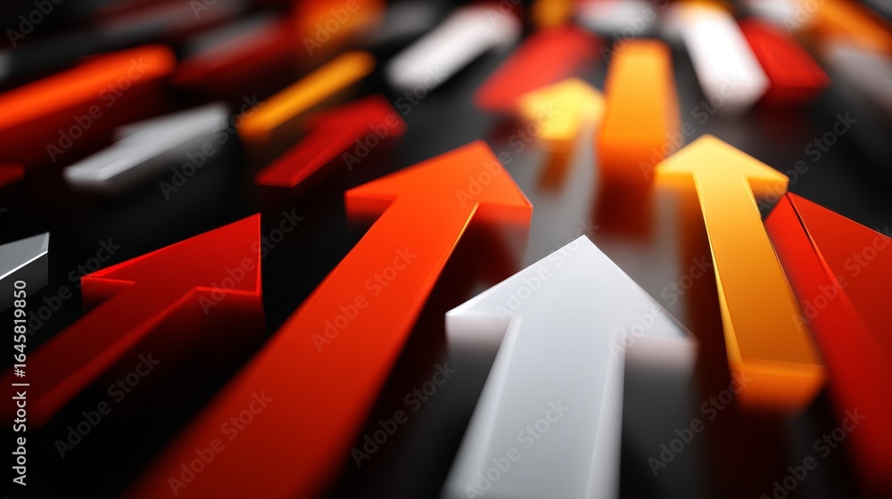 Poster a vibrant and chaotic collection of red and yellow arrows pointing in multiple different directions 