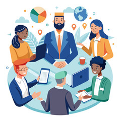 A group of people are sitting at a table with laptops and a potted plant. They are smiling and seem to be working together