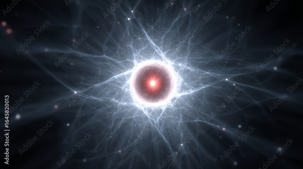 Poster mysterious glowing red orb of pure energy suspended in the vast deep darkness of an empty void radia