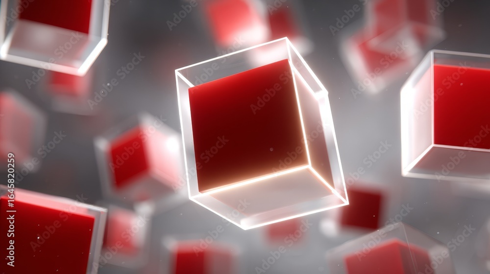 Poster abstract visualization of vibrant red cubes suspended in mid air against a minimal background a conc