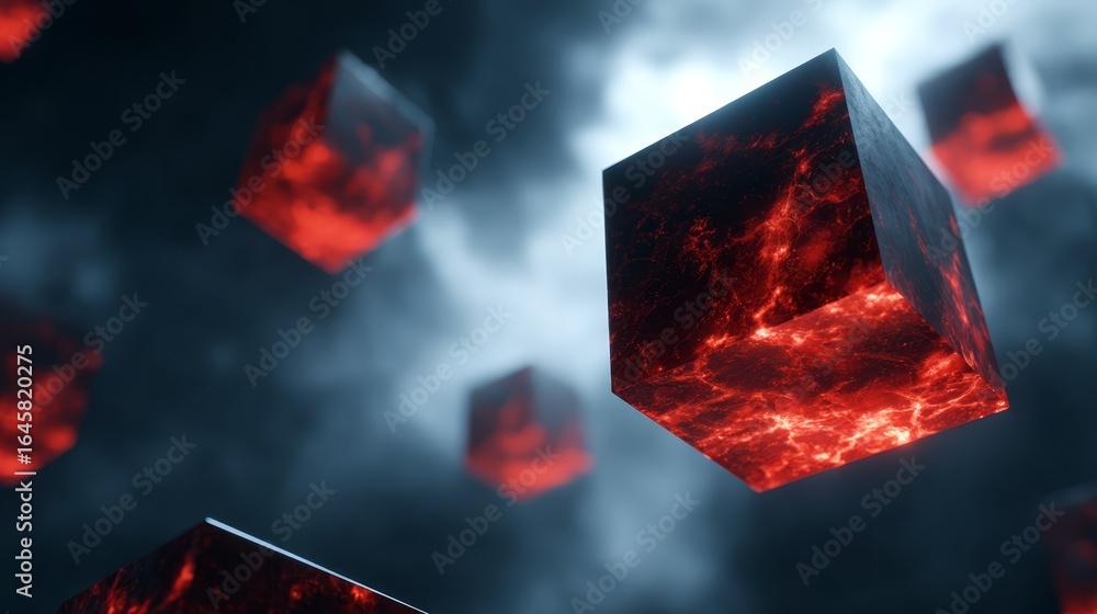 Poster a solitary vibrant red cube levitates mysteriously in the open air a minimalist and abstract geometr