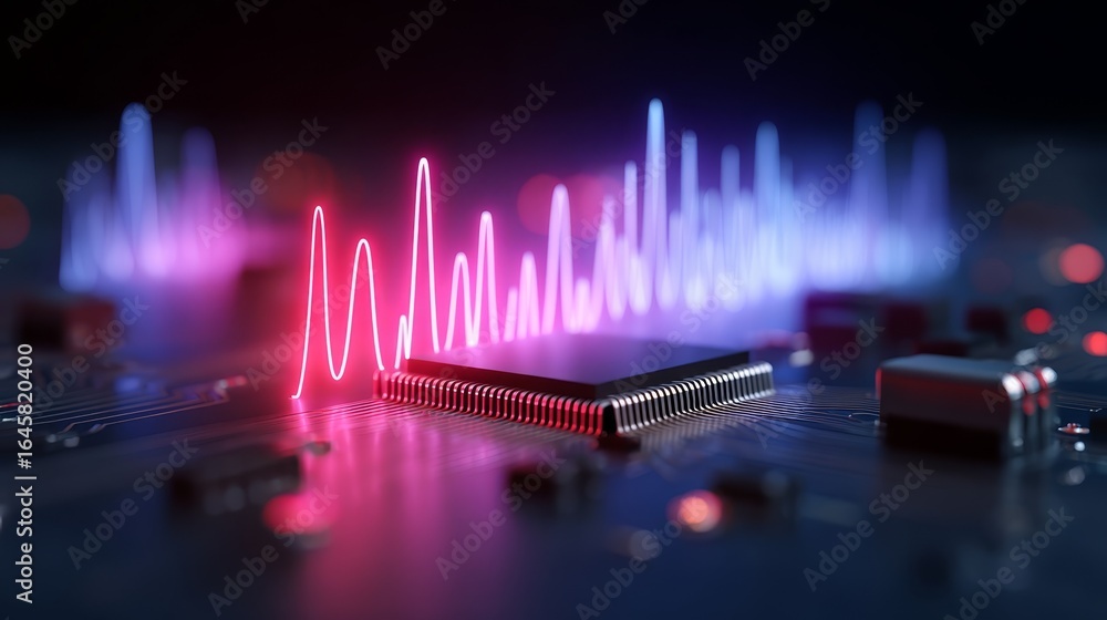 Poster detailed close up of a complex electronic circuit board with intricate pathways showcasing a bright 