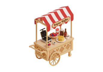 Isometric Waffle Cart Stall with Berries and Syrup in Red and White Stripes with Wooden Frame on Transparent Background