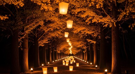 A Vanishing Point of Golden Light: An Autumn Path Lined with Glowing Lanterns