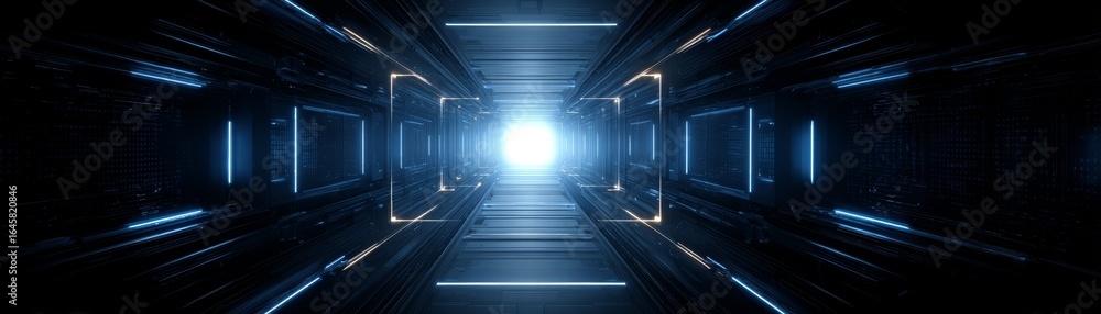 Poster futuristic dark underground passage with vibrant colorful neon light tubes illuminating the long mys