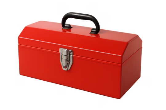 Red metal toolbox isolated on transparent background, ready for work
