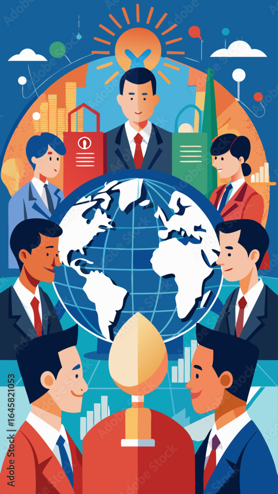 Poster a group of people are sitting around a table with a globe in the middle. the globe is surrounded by 