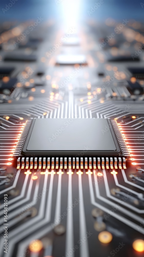 Poster a detailed macro perspective of an intricate electronic circuit board with a glowing light showcasin