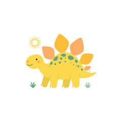 Fototapeta premium Cute yellow Stegosaurus dinosaur with smiling sun. Adorable prehistoric cartoon character for children's illustration.