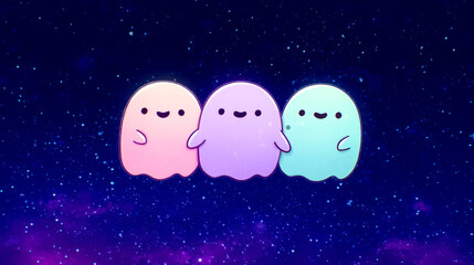 Cute Ghosts Holding Hands in Neon Space