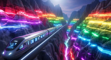 Chromatic Gorge Express: A High-Speed Train Amidst Glowing Rainbow Strata