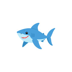 Obraz premium Adorable smiling blue shark cartoon character. A happy sea animal swimming in the ocean, isolated vector illustration for children.