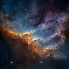Obraz premium Vibrant Nebula in Deep Space with Blue Purple and Orange Hues, deep space astrophotography, ultra high detail, long exposure, starfield detail