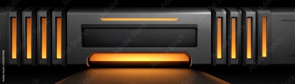 Poster exploring a modern architectural space with a bold black and orange color palette where a solitary y