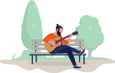Man playing guitar outdoors on park bench - Person sitting with musical instrument practicing and playing music alone in park and nature. Flat design vector illustration on white background