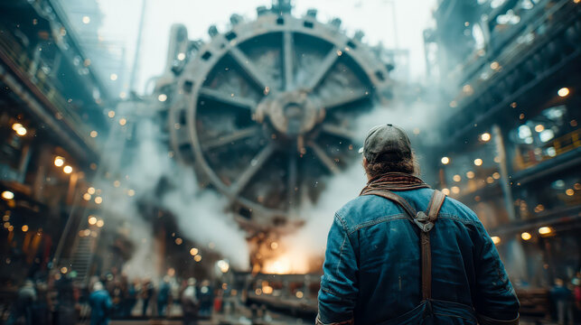 Worker in factory looking at huge industrial machine in clouds of steam