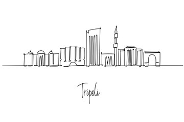 Fototapeta premium Tripoli Libya city skyline in a continuous line drawing highlighting Red Castle Martyrs Square Tripoli Tower and the arch, a modern travel poster concept themed for Mediterranean urban decor.