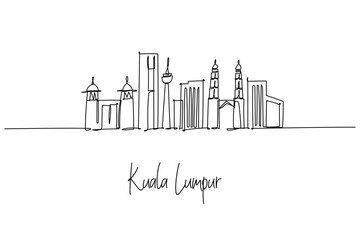 Kuala Lumpur Malaysia city skyline in a single line drawing featuring Petronas Twin Towers KL Tower and Merdeka 118, a modern city skyline concept themed for Malaysia travel art and minimalist decor.