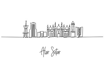 Fototapeta premium Alor Setar Malaysia city skyline in a single line drawing featuring Menara Alor Setar and Zahir Mosque, a city skyline concept with Kedah heritage theme for travel art, minimalist posters and decor.