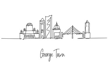 George Town Malaysia city skyline in a one line drawing featuring KOMTAR Tower Penang Bridge and Kapitan Keling Mosque, a city skyline concept themed for Penang travel posters and minimalist decor.