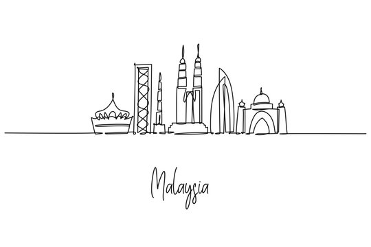 Malaysia city skyline of Kuala Lumpur in a continuous line drawing with Petronas Twin Towers KL Tower Merdeka 118 and Putra Mosque, a city skyline concept for posters and modern minimalist decor.