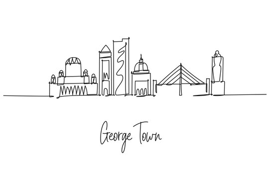 George Town Malaysia city skyline in a one line drawing featuring KOMTAR Tower Penang Bridge and Kapitan Keling Mosque, a city skyline concept themed for Penang travel posters and minimalist decor.