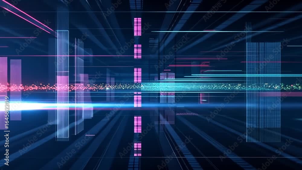 Poster futuristic digital data stream with vibrant neon light lines and geometric grid background