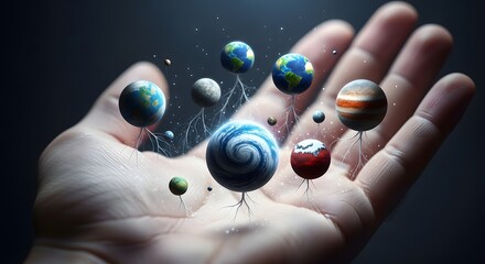 Cosmic Genesis: A Divine Hand Cultivating a Multiverse of Miniature Rooted Worlds.