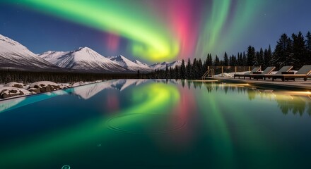 Serene Infinity Pool Reflects Vibrant Aurora Borealis Over Snow-Capped Mountains and Pine Forest