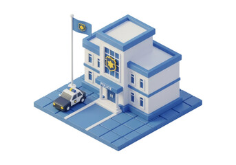 Police Station Building with Police Car and Flag in Isometric View on a Transparent Background
