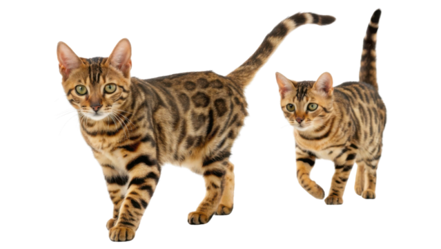 Bengal cat with spotted fur pattern walking confidently with another bengal cat following closely behind showing alertness and grace