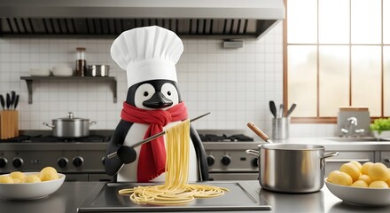 Adorable Penguin Chef in a Red Scarf Prepares Fresh Spaghetti with Chopsticks