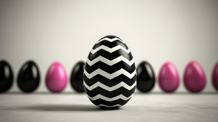 Black and white chevron patterned egg stands out among blurred black and pink eggs in minimalist setting with soft lighting