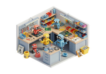 Robots Repairing Machines in Isometric Workshop with Tools and Pixel Art Style Blue Red Yellow Scheme on Transparent Background