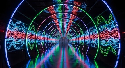 Futuristic Tunnel of Luminous Soundwaves and Reflections