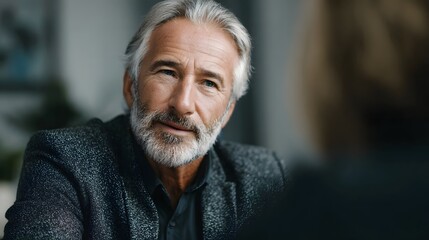 A financial advisor discussing retirement planning with a client  long title A mature knowledgeable financial advisor in a formal business