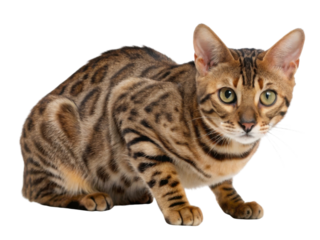 Bengal cat with spotted and striped fur crouching alertly showing its green eyes and sleek muscular body in natural pose
