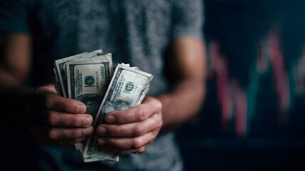 Hands holding dollar bills with price graph in the background