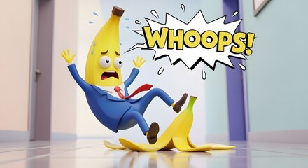 Ironic Office Mishap: A Banana Businessman Slips on a Peel