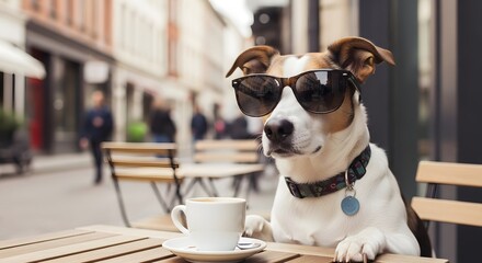 A Cool Jack Russell Terrier in Sunglasses Sits at a Sidewalk Cafe with a Coffee