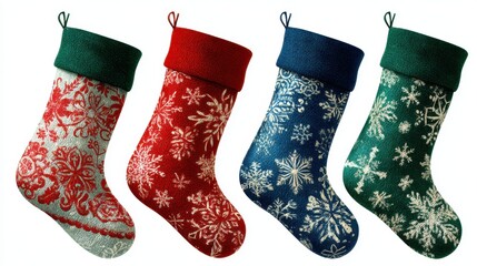 Christmas Eve gift stocking sock green, blue, red PNG set, cutout isolated on transparent background. Winter holiday season decoration with snowflakes graphic resource