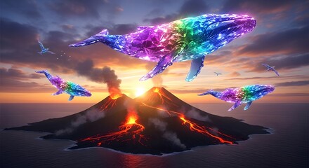 Ethereal Rainbow Whales Soar Above Volcanic Eruption, Sunset Spectacle