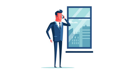 Stylized businessman in a dark blue suit talking on a smartphone. Vector illustration of a professional man with a red face.