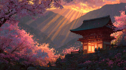 Beautiful cherry blossom trees in japan temple landscape painting digital art wallpaper background image view 4k