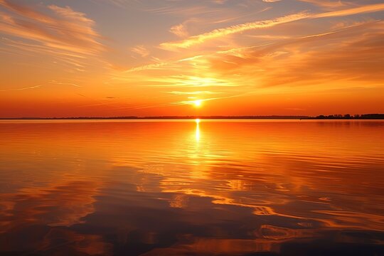 Fiery sunset over calm lake water