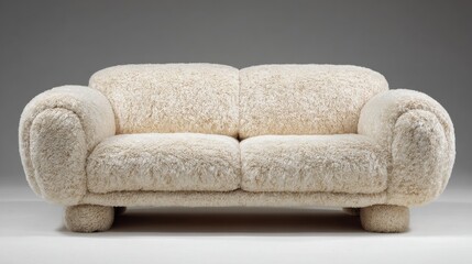 Cream-colored, plush couch with rounded armrests and legs