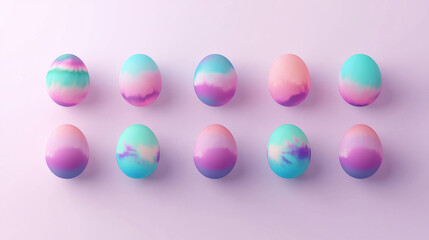 Colorful pastel Easter eggs with soft gradient patterns arranged in two rows on light pink background, evoking festive and joyful mood